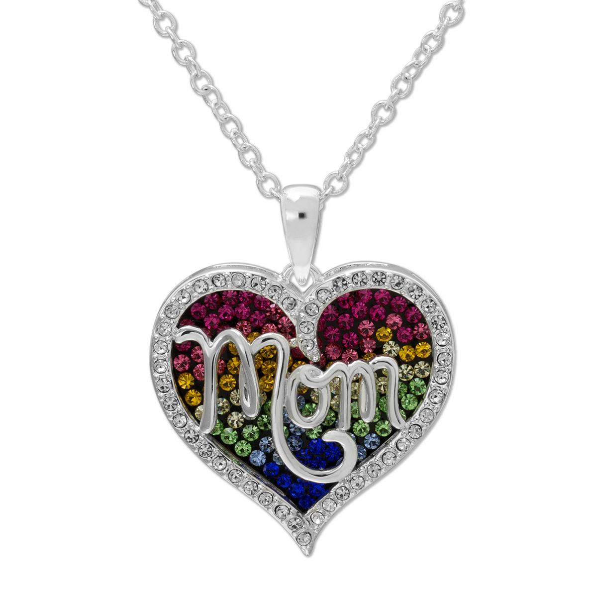 Brass Silver-Plated Crystal 18in. Mom Pendant Necklace