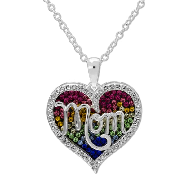 Brass Silver-Plated Crystal 18in. Mom Pendant Necklace