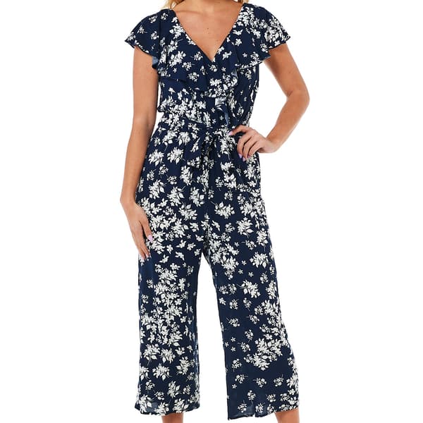 Womens Luxology Short Ruffle Sleeve Challis Jumpsuit-Navy/Ivory