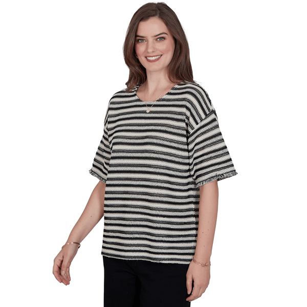 Womens Ruby Rd. Tropical Noir Texture Stripe Fringe Sleeve Blouse