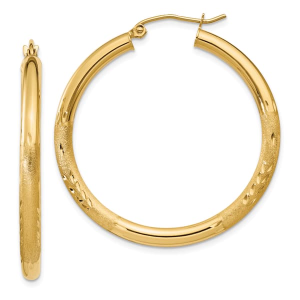 Gold Classics&#40;tm&#41; 14k Satin Diamond Cut 35mm Hoop Earrings - image 