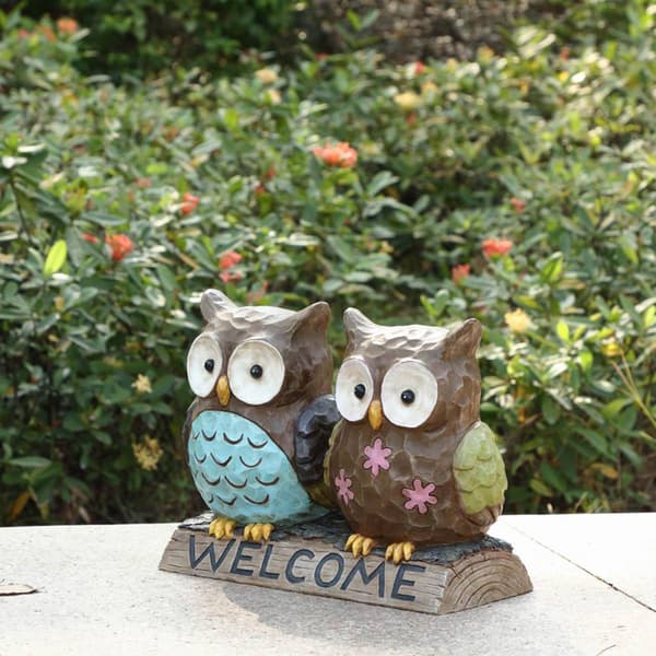 Hi-Line Gift Owl Couple with Welcome Sign Garden Statue