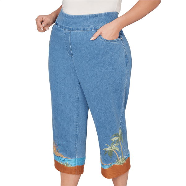 Plus Size Alfred Dunner Beachcomber Beach Embroidery Denim Capris