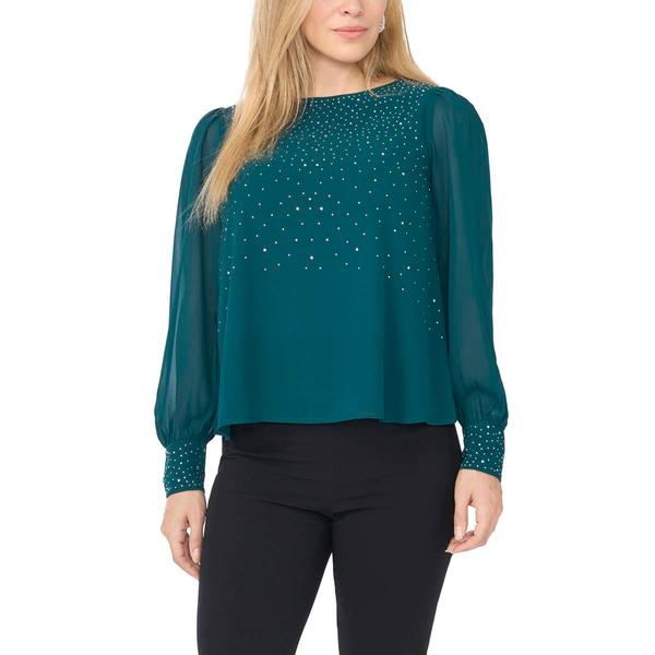 Petites MSK Sheer Sleeve Beaded Trim Top - image 