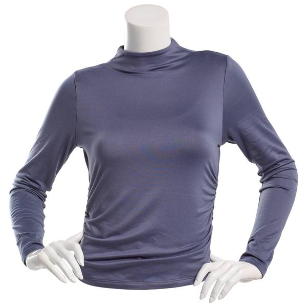 Juniors No Comment Fleece Lined Mock Neck Sculpted Tee - image 