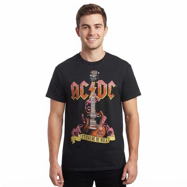 Young Mens ACDC Guitar Wings & Roses Graphic Tee - image 