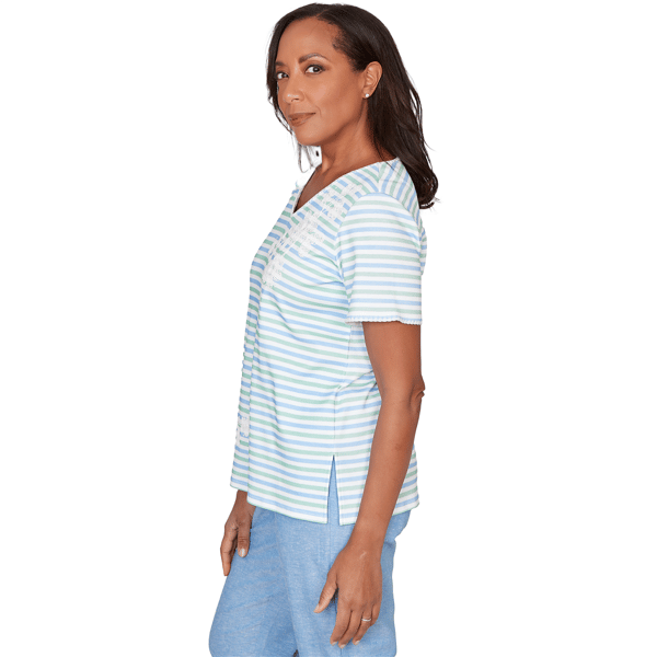Womens Alfred Dunner Caribbean Blues Stripe Floral Embroidery Tee