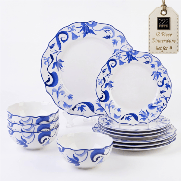 222 Fifth Ayla 12pc. Blue Porcelain Dinnerware Set - image 