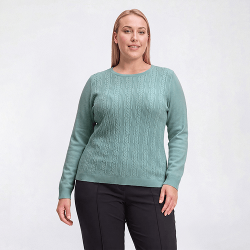 Plus Size Napa Valley Long Sleeve Cable Knit Front Sweater