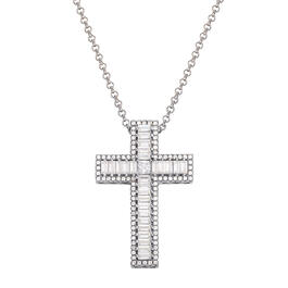 Splendere Sterling Silver Cubic Zirconia Baguette Cross Necklace