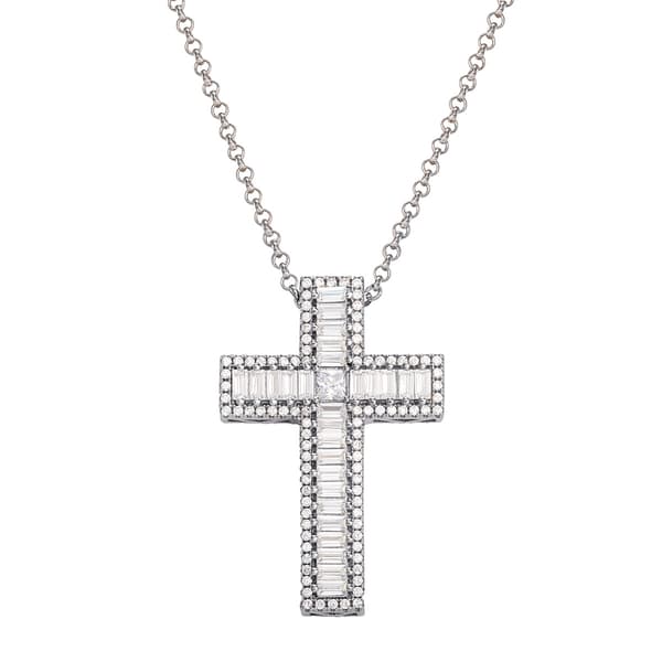 Splendere Sterling Silver Cubic Zirconia Baguette Cross Necklace