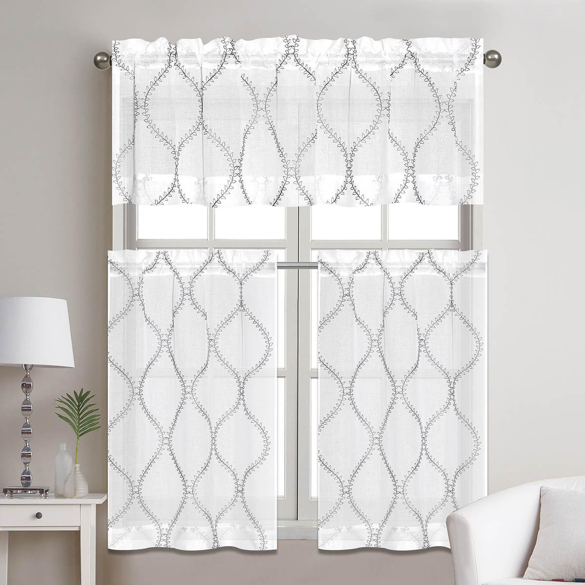 Alysia Embroidered Matte Sheer 3pc Kitchen Curtain Set