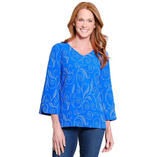 Plus Size Ali Miles 3/4 Sleeve V Neck Leaf Embroidery Blouse - image 