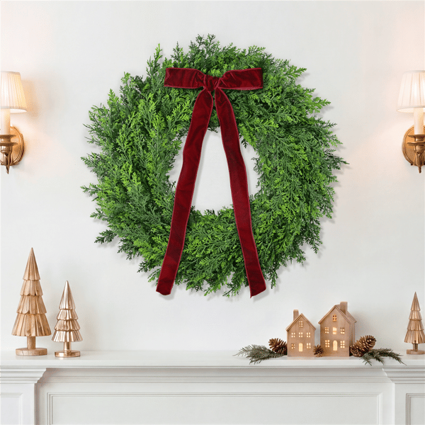 Puleo International 24in. Soft PE Spruce Wreath w/ Red Velvet Bow