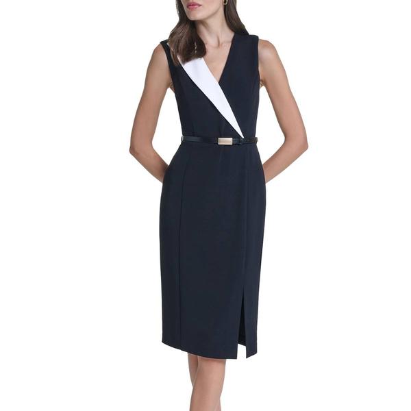 Womens Calvin Klein Sleeveless Tuxedo Belt Crepe Dress - image 