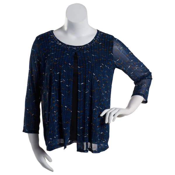 Petite Notations 3/4 Sleeve Chevron Mesh 2Fer Blouse - image 