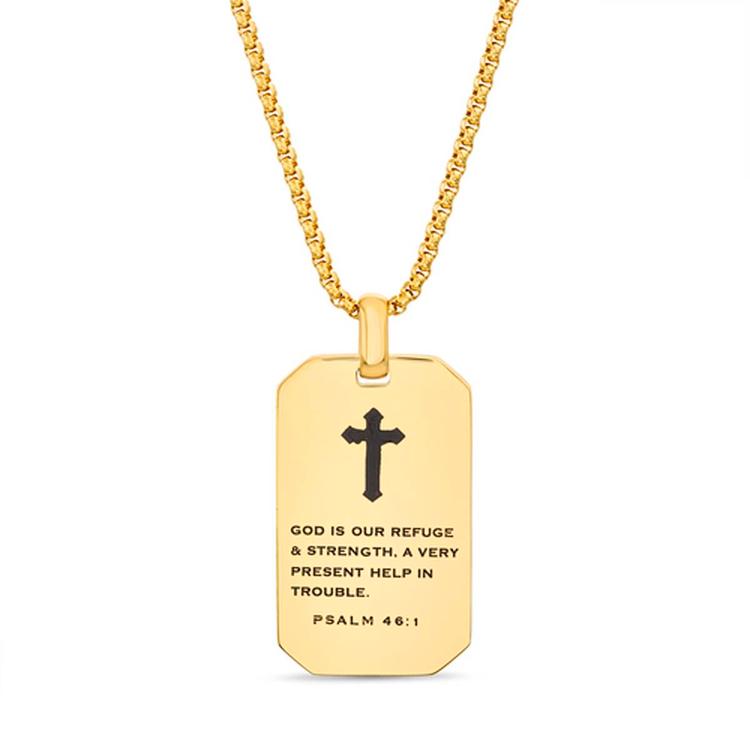 Mens Creed Stainless Steel & Black Enamel Cross/Psalm Necklace
