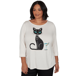 Plus Size Emaline Key Items 3/4 Sleeve Martini Cat Graphic Tee