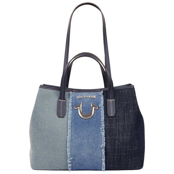 True Religion Frayed Denim Horseshoe Tote With Removable Wristlet - image 