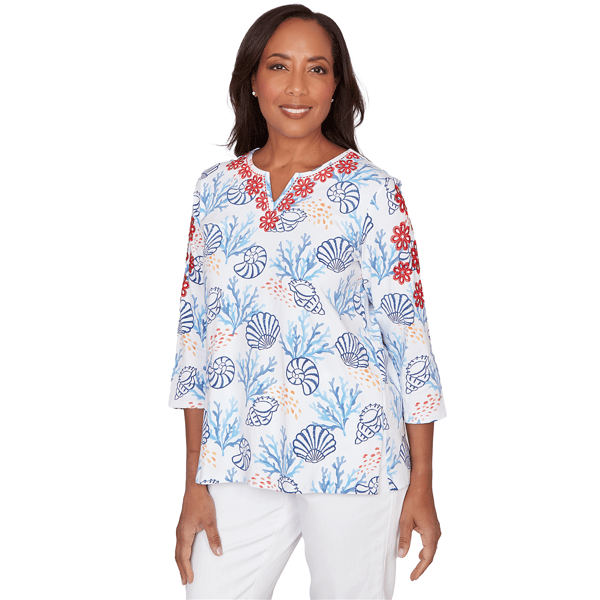 Petite Alfred Dunner Port Side Coastal Embroidered Blouse