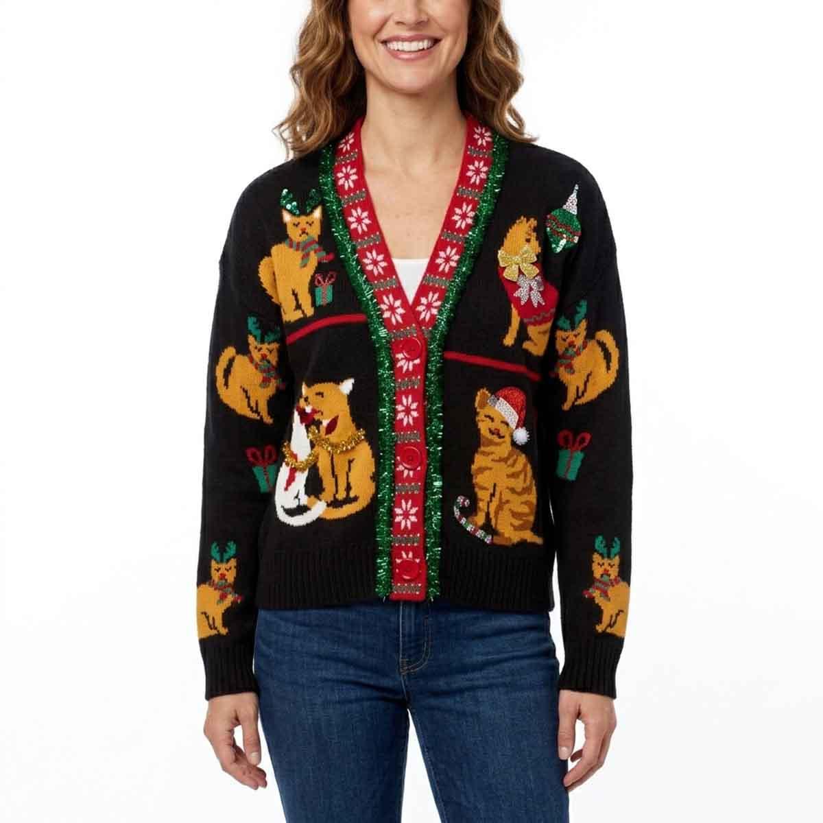 Womens 99 Jane Street Long Sleeve Christmas Cat Ugly Cardigan