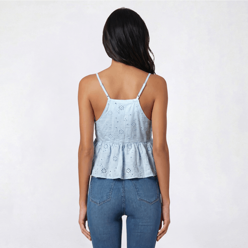 Juniors No Comment Peplum Eyelet Faux Button Down Tank Top
