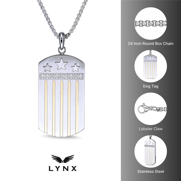 Mens Lynx Stainless Steel Cubic Zirconia Dog Tag Pendant Necklace