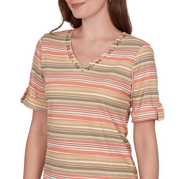 Petite Hearts of Palm Tropical Twist Tab Sleeve Stripe Blouse