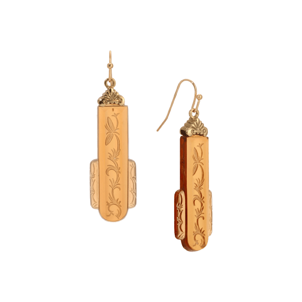 1928 14kt. Gold-Tone Brown Glass Art Deco Drop Earrings - image 