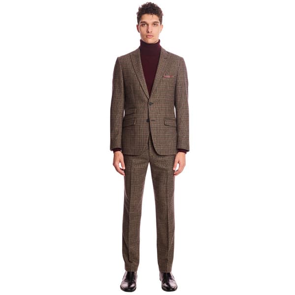 Mens Paisley & Gray Plaid Peak Suit Jacket - Teal/Brown