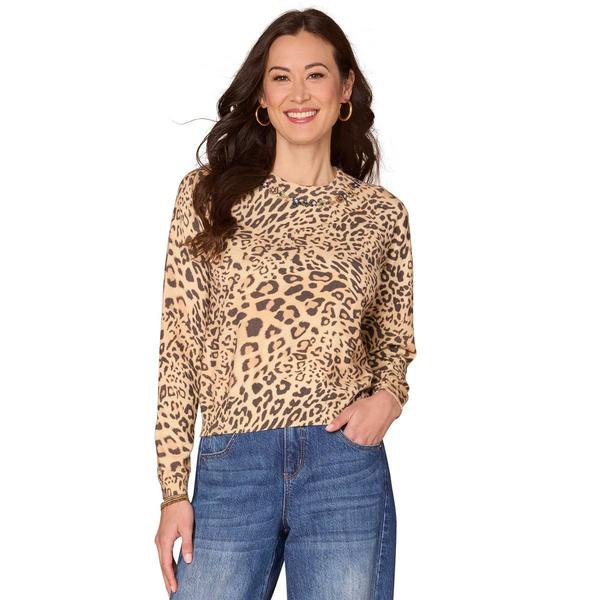 Plus Size Democracy Long Sleeve Sequin Neckline Leopard Sweater - image 
