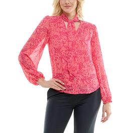 Womens Nicole Miller Long Sleeve Tie Front Butterfly Blouse