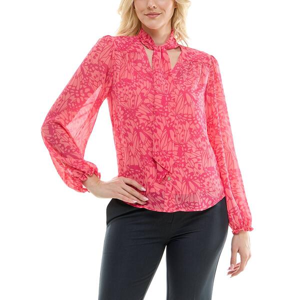 Womens Nicole Miller Long Sleeve Tie Front Butterfly Blouse - image 