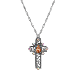 Symbols of Faith Silver Tone Mary & Child Crystal Cross Necklace