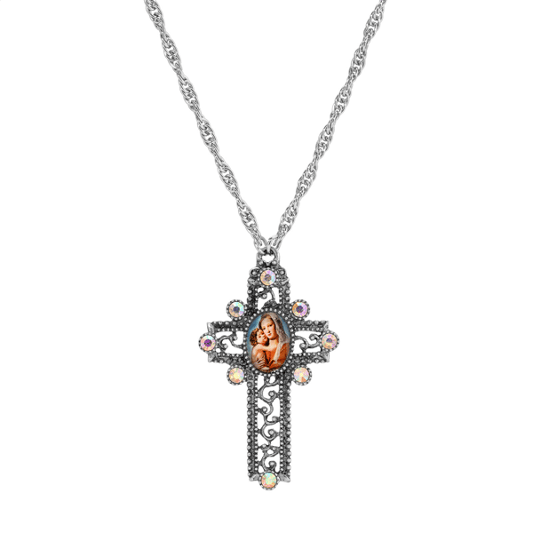 Symbols of Faith Silver-Tone Mary & Child Crystal Cross Necklace - image 