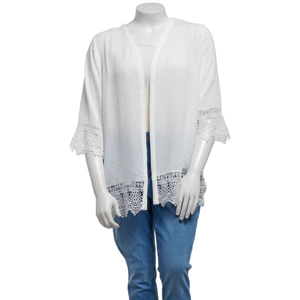 Plus Size NY Collection Solid Crochet Lace Cuff Pleated Cardigan - image 