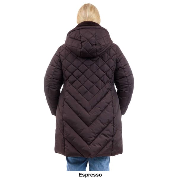 Plus Size London Fog Long Puffer Coat with Faux Fur Club Collar