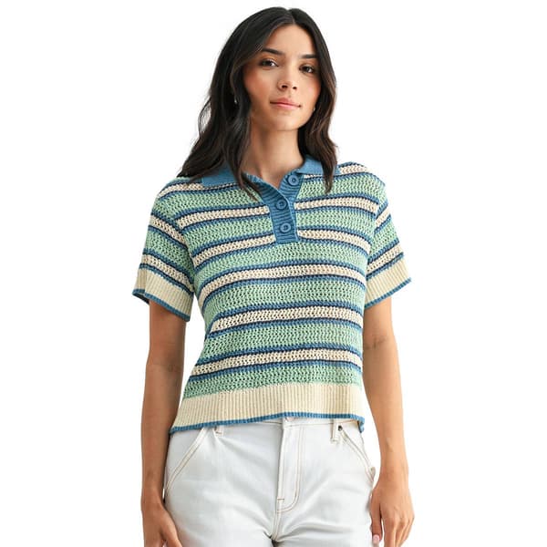 Womens CITY BLUES Short Sleeve Crochet Stripe Polo Sweater - image 