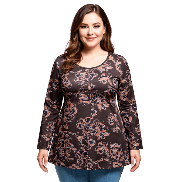 Plus Size 24/7 Comfort Apparel Brown Floral Tunic Blouse - image 