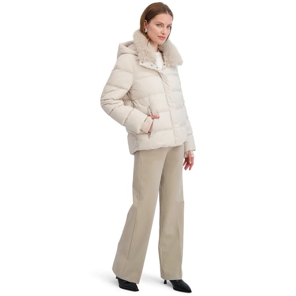 Womens Tahari Vera Short Puffer Coat With Faux Fur Collar - image 