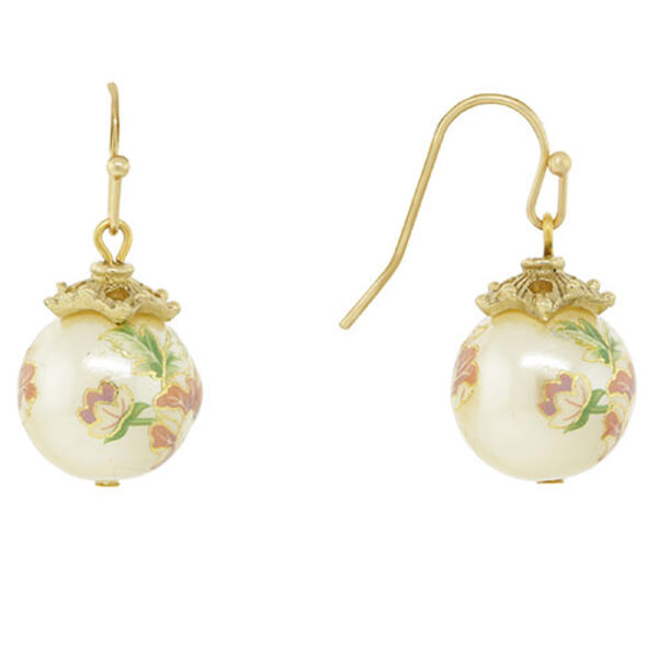 1928 Gold-Tone Floral Pearl Decal Wire Drop Earrings - image 