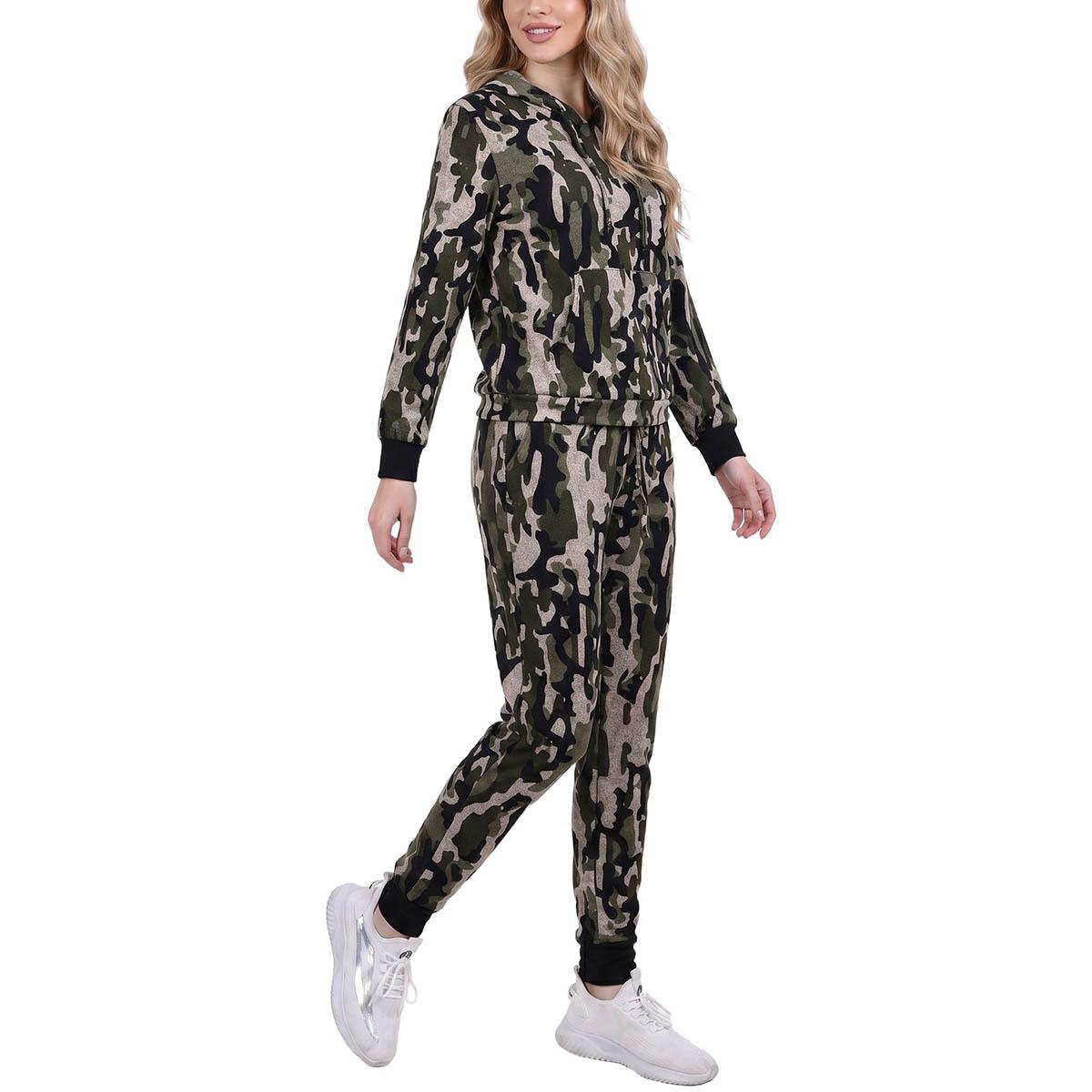 Petite NY Collection Long Sleeve Hooded Camo Jogger Set