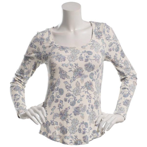 Juniors Wallflower Long Sleeve Floral Rib Scoop Neck Tee- White
