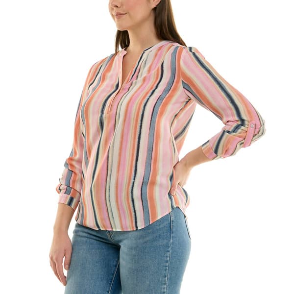 Womens Zac & Rachel Long Roll Tab Sleeve Stripe Blouse
