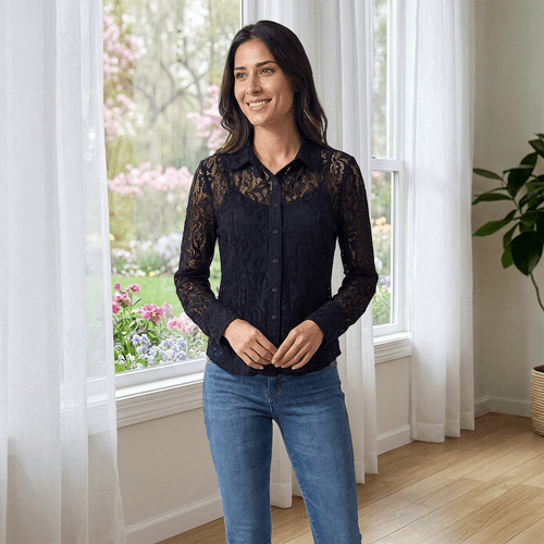 Womens Nanette Lepore Long Sleeve Lace Button Front Blouse - image 
