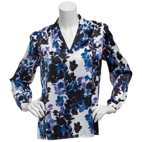 Petite Kasper Long Sleeve Satin Floral V-Neck Blouse - image 