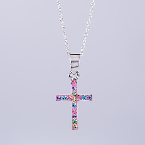 Kids Sterling Silver Multicolor Crystal Cross Necklace - image 