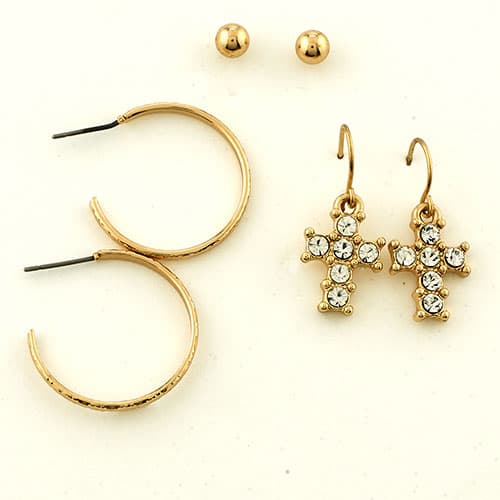 Freedom 3pr. Nickel Free Ball/Cross/Hoop Earrings Set
