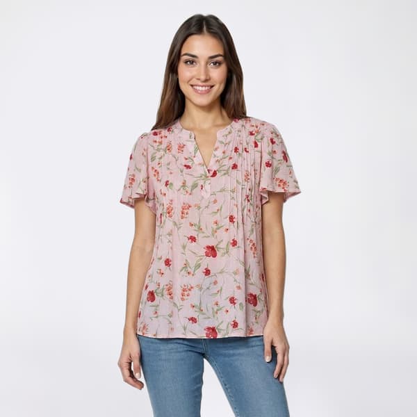 Womens Napa Valley Short Sleeve Floral Clip Dot Henley Blouse - image 