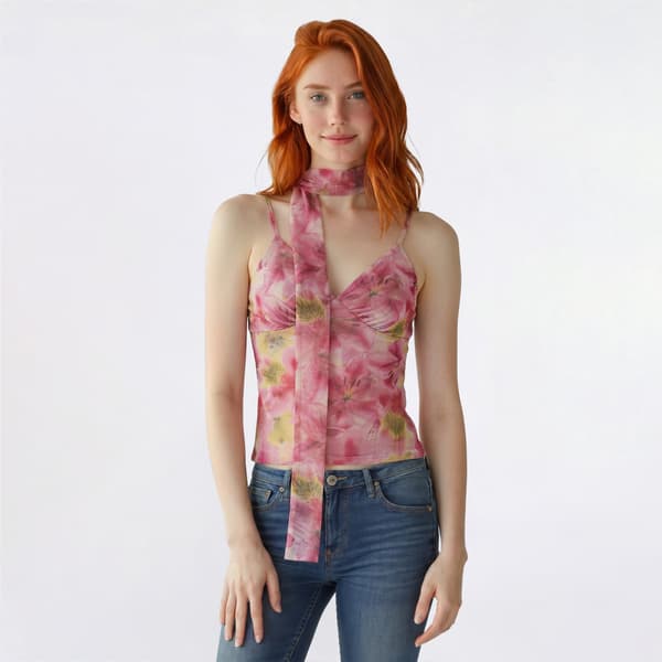 Juniors Madden Girl Floral Mesh Camisole w/ Neck Scarf - Pink - image 